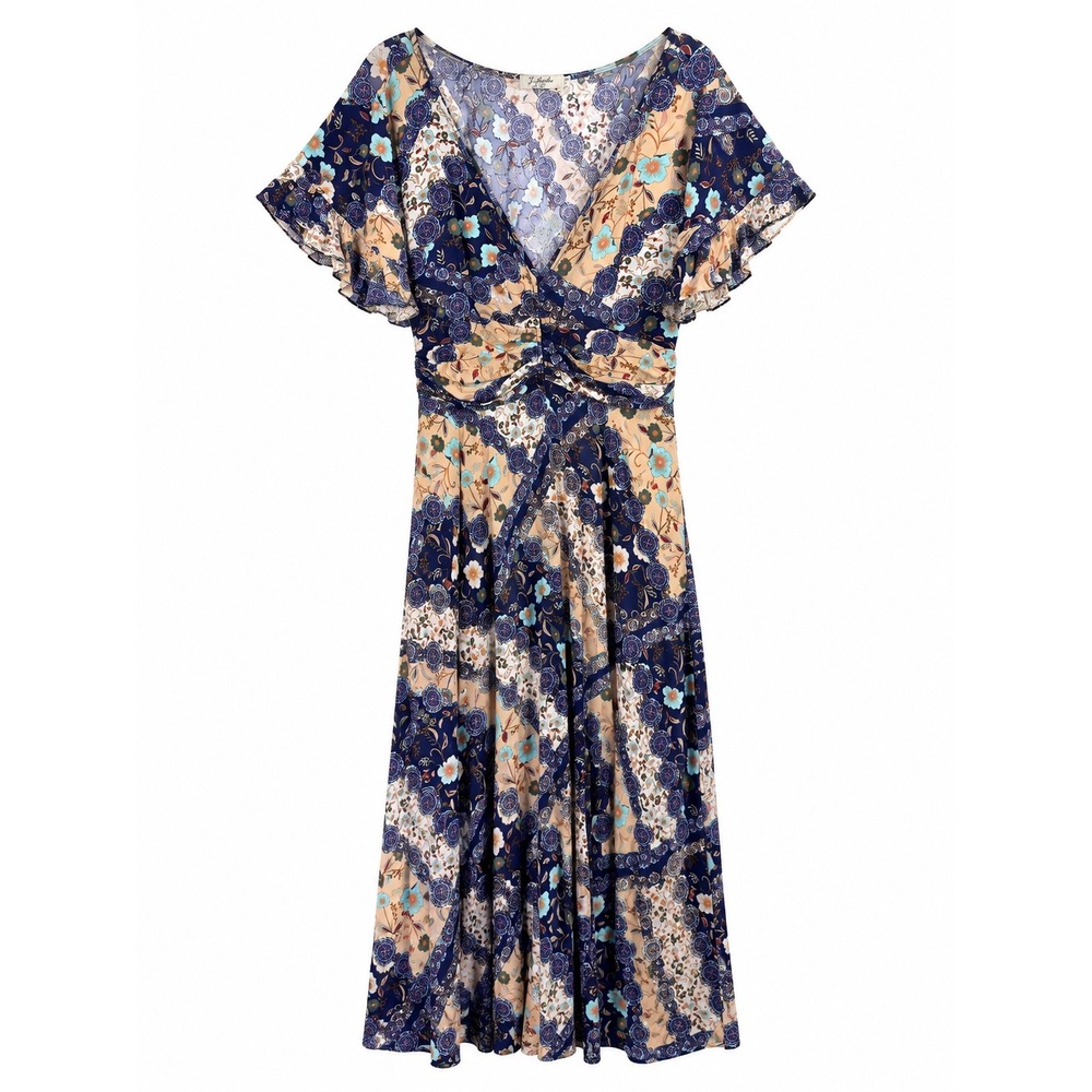7 Agosto Dress Womens XL Floral Flutter Sleeve V-Neck Boho Midi Peasant Boho
